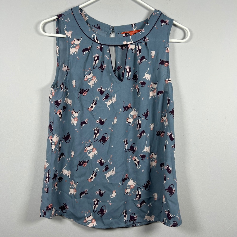 ModCloth Blouse Women's Small Blue Cat Print Keyhole Sleeveless Top Teacher